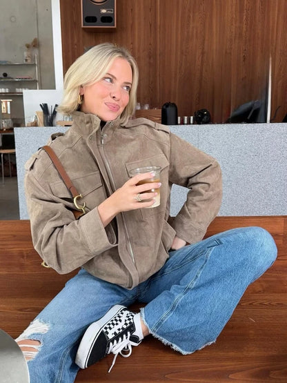 Winter Khaki Suede Leather Women's Jacket Fashion Stand Collar Zippers Pockets Women Coat 2025 Autumn New Female Vintage Outwear