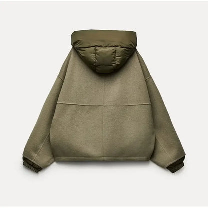 Oversized Zipper Hooded Jacket For Women Fashion Thick Patchwork Long Sleeve Coat 2023 Autumn Winter Loose Warm Street Outerwear