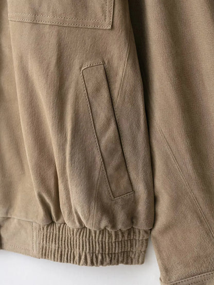 Winter Khaki Suede Leather Women's Jacket Fashion Stand Collar Zippers Pockets Women Coat 2025 Autumn New Female Vintage Outwear