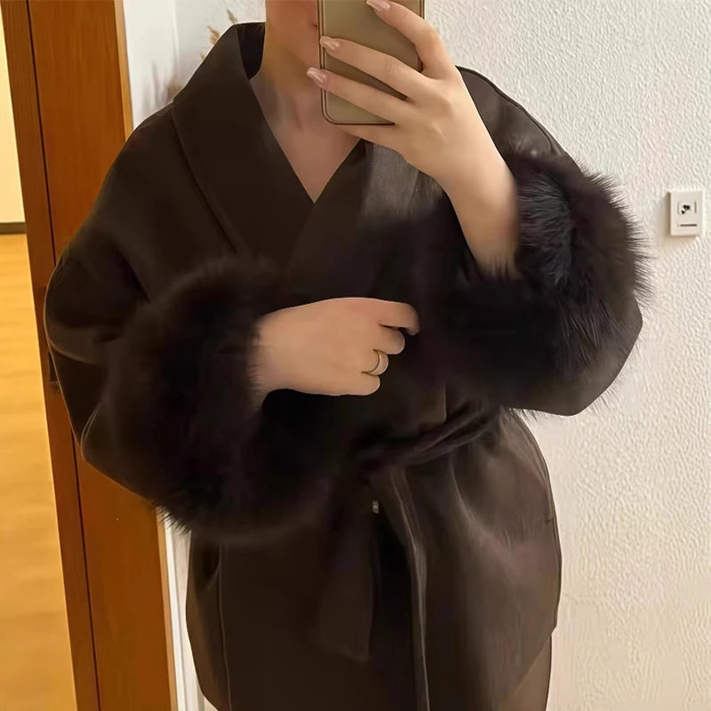 2025 Chic revers manteau en peluche avec ceinture femmes Vintage solide fausse fourrure manches Tweed ouvert manteaux femme automne décontracté rue vêtements d'extérieur