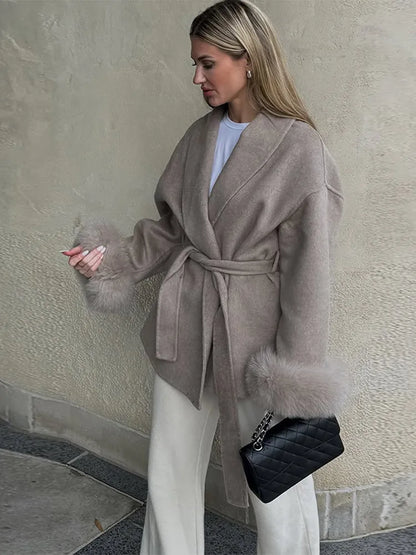 2025 Chic revers manteau en peluche avec ceinture femmes Vintage solide fausse fourrure manches Tweed ouvert manteaux femme automne décontracté rue vêtements d'extérieur