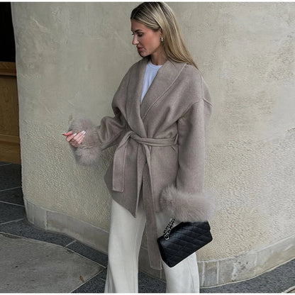 2025 Chic revers manteau en peluche avec ceinture femmes Vintage solide fausse fourrure manches Tweed ouvert manteaux femme automne décontracté rue vêtements d'extérieur