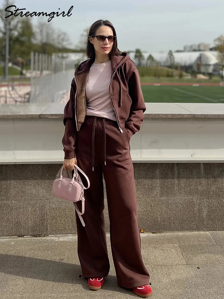 Women Tracksuits Winter Fleece Sweatsuit Brown Warm Crop Zipper Hoodies And Sweatpants Set For Women 2 Piece Velvet Pants Sets
