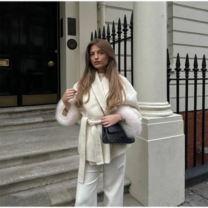 2025 Chic revers manteau en peluche avec ceinture femmes Vintage solide fausse fourrure manches Tweed ouvert manteaux femme automne décontracté rue vêtements d'extérieur