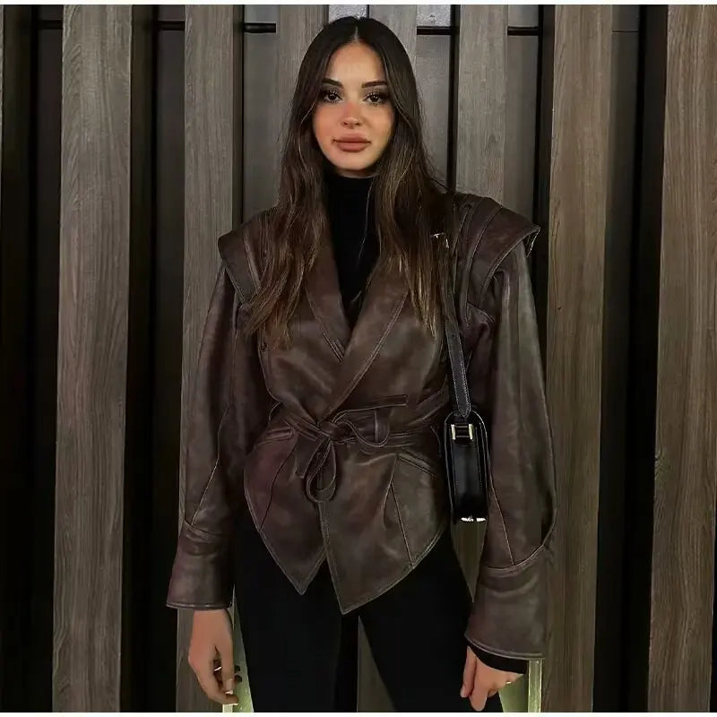 Suninheart automne et hiver vestes en simili cuir pour femmes 2025 épaule tombante veste surdimensionnée manteau ceinturé Corset veste