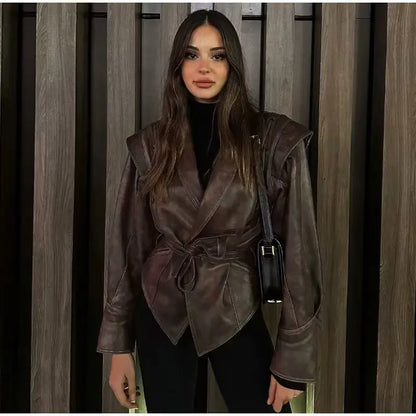 Suninheart automne et hiver vestes en simili cuir pour femmes 2025 épaule tombante veste surdimensionnée manteau ceinturé Corset veste