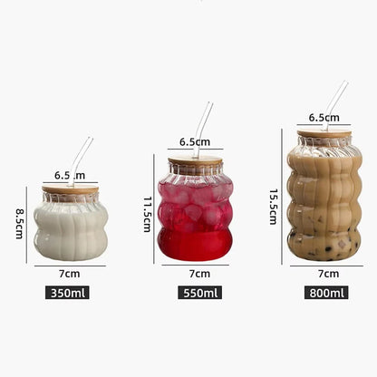 1/2pcs Glass Cup With Lid Heat-resistant Tumbler Drinkware Wave Shape Glass Cup Cold Coffee Juice Milk Tea Stripe Mug With Straw