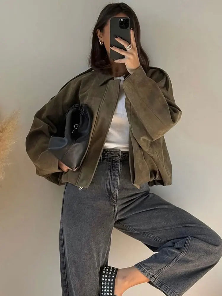 Veste bombers à effet daim et couleur unie pour femme, pour le printemps et l'automne