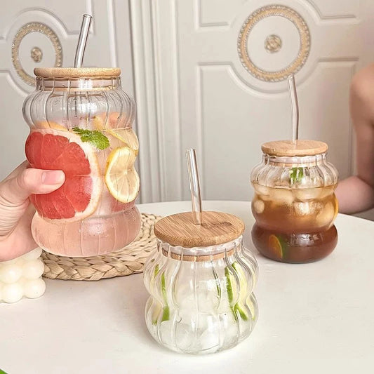 1/2pcs Glass Cup With Lid Heat-resistant Tumbler Drinkware Wave Shape Glass Cup Cold Coffee Juice Milk Tea Stripe Mug With Straw